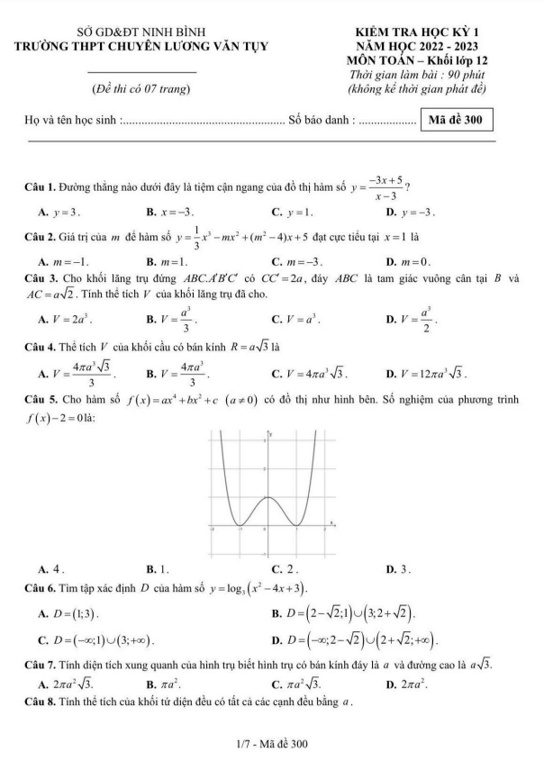 Đề học kỳ 1 Toán 12 năm 2022 – 2023 trường chuyên Lương Văn Tụy – Ninh Bình