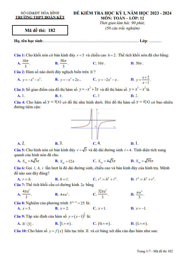 Đề học kỳ 1 Toán 12 năm 2023 – 2024 trường THPT Đoàn Kết – Hòa Bình