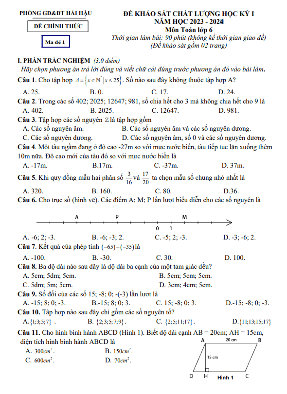 Đề học kỳ 1 Toán 6 năm 2023 – 2024 phòng GD&ĐT Hải Hậu – Nam Định