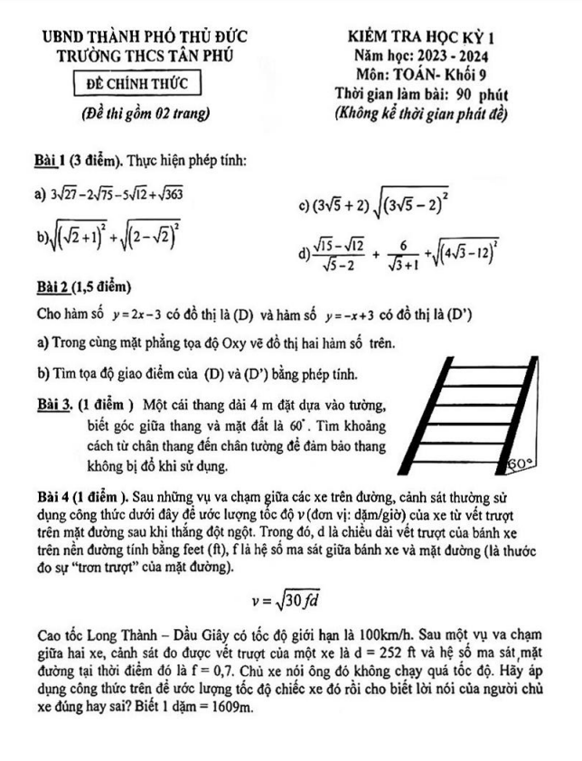 Đề học kỳ 1 Toán 9 năm 2023 – 2024 trường THCS Tân Phú – TP HCM