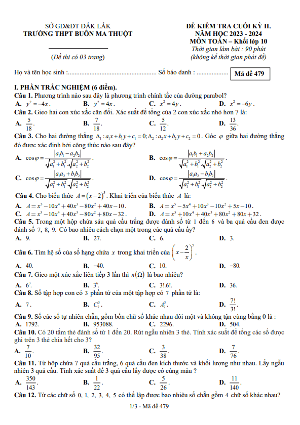 Đề học kỳ 2 Toán 10 năm 2023 – 2024 trường THPT Buôn Ma Thuột – Đắk Lắk