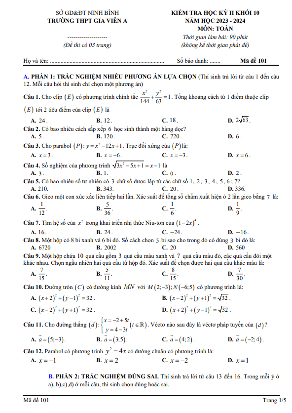 Đề học kỳ 2 Toán 10 năm 2023 – 2024 trường THPT Gia Viễn A – Ninh Bình