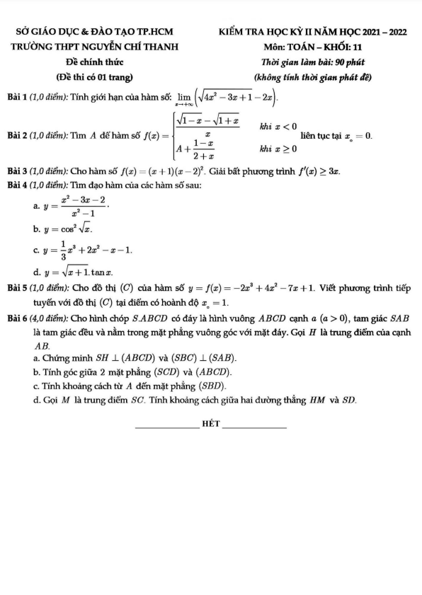 Đề học kỳ 2 Toán 11 năm 2021 – 2022 trường THPT Nguyễn Chí Thanh – TP HCM