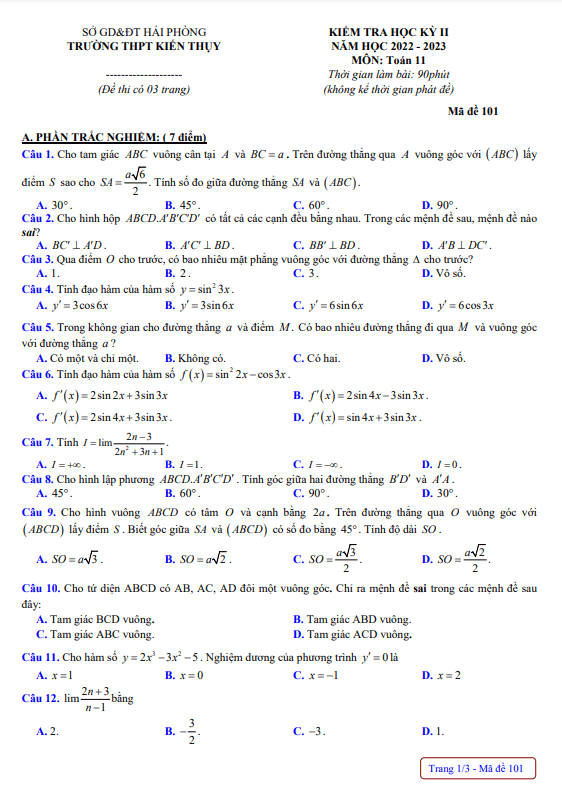 Đề học kỳ 2 Toán 11 năm 2022 – 2023 trường THPT Kiến Thụy – Hải Phòng