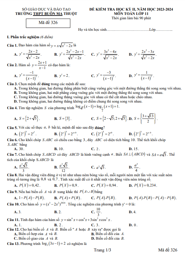 Đề học kỳ 2 Toán 11 năm 2023 – 2024 trường THPT Buôn Ma Thuột – Đắk Lắk
