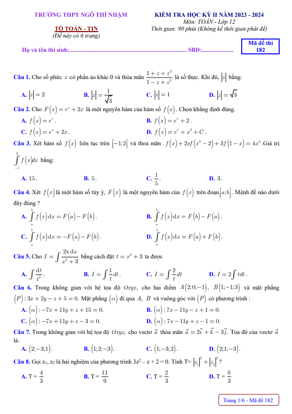 Đề học kỳ 2 Toán 12 năm 2023 – 2024 trường THPT Ngô Thì Nhậm – Hà Nội