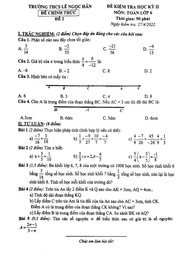 Đề học kỳ 2 Toán 6 năm 2021 – 2022 trường THCS Lê Ngọc Hân – Hà Nội