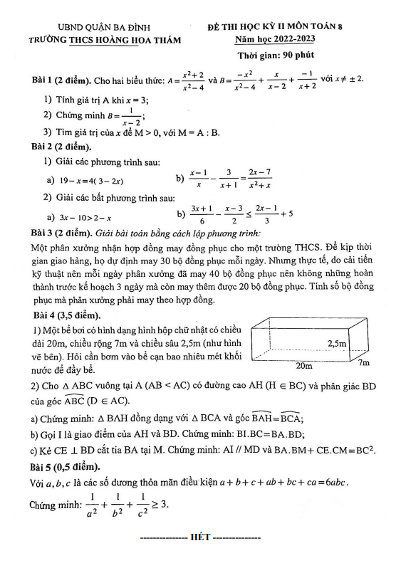 Đề học kỳ 2 Toán 8 năm 2022 – 2023 trường THCS Hoàng Hoa Thám – Hà Nội