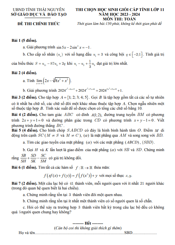 Đề học sinh giỏi cấp tỉnh Toán 11 năm 2023 – 2024 sở GD&ĐT Thái Nguyên