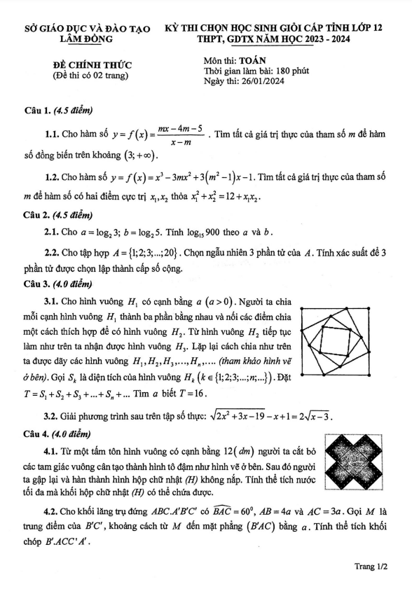 Đề học sinh giỏi cấp tỉnh Toán 12 năm 2023 – 2024 sở GD&ĐT Lâm Đồng