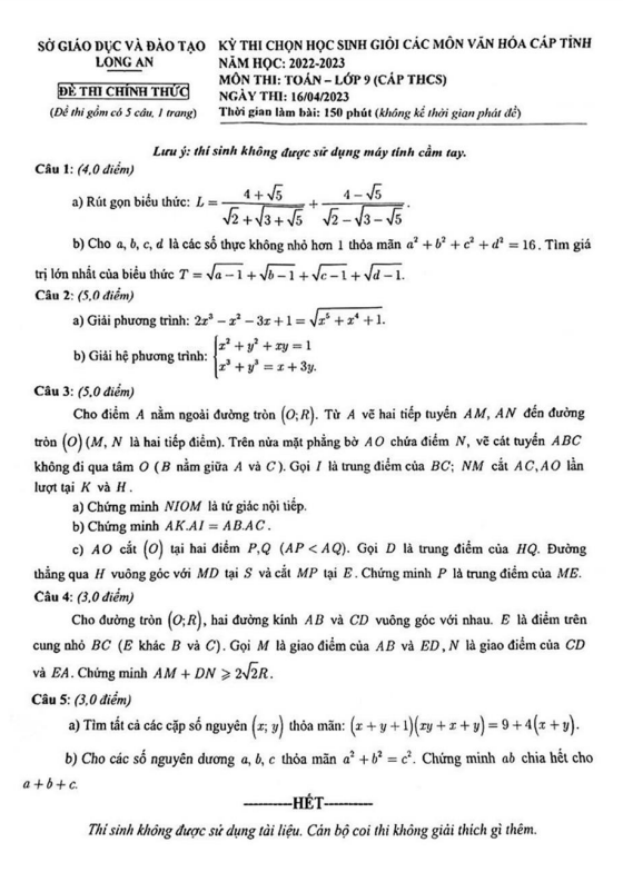 Đề học sinh giỏi cấp tỉnh Toán 9 năm 2022 – 2023 sở GD&ĐT Long An