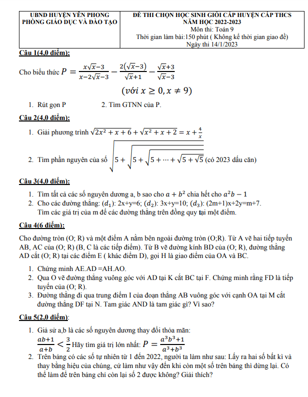Đề học sinh giỏi huyện Toán 9 năm 2022 – 2023 phòng GD&ĐT Yên Phong – Bắc Ninh