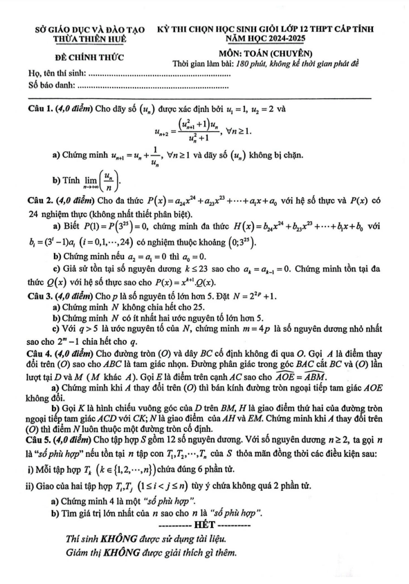 Đề học sinh giỏi tỉnh Toán 12 chuyên năm 2024 – 2025 sở GD&ĐT Thừa Thiên Huế