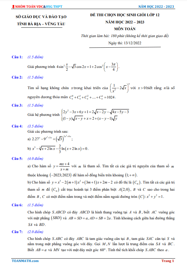 Đề học sinh giỏi tỉnh Toán 12 năm 2022 – 2023 sở GD&ĐT Bà Rịa – Vũng Tàu