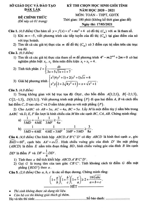 Đề học sinh giỏi tỉnh Toán THPT & GDTX năm 2020 – 2021 sở GD&ĐT Đắk Lắk
