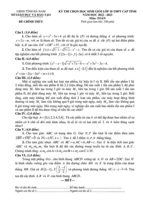 Đề học sinh giỏi Toán 10 cấp tỉnh năm 2022 – 2023 sở GD&ĐT Hà Nam