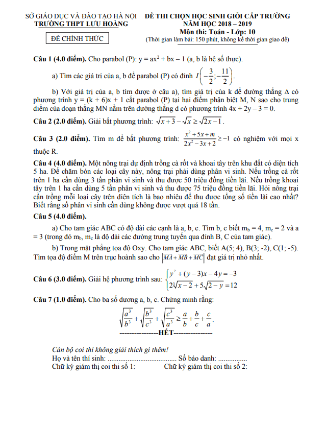Đề học sinh giỏi Toán 10 cấp trường năm 2018 – 2019 trường Lưu Hoàng – Hà Nội