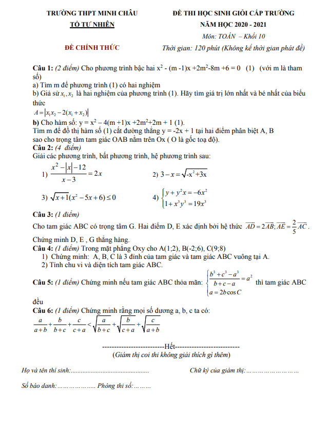 Đề học sinh giỏi Toán 10 năm 2020 – 2021 trường THPT Minh Châu – Hưng Yên