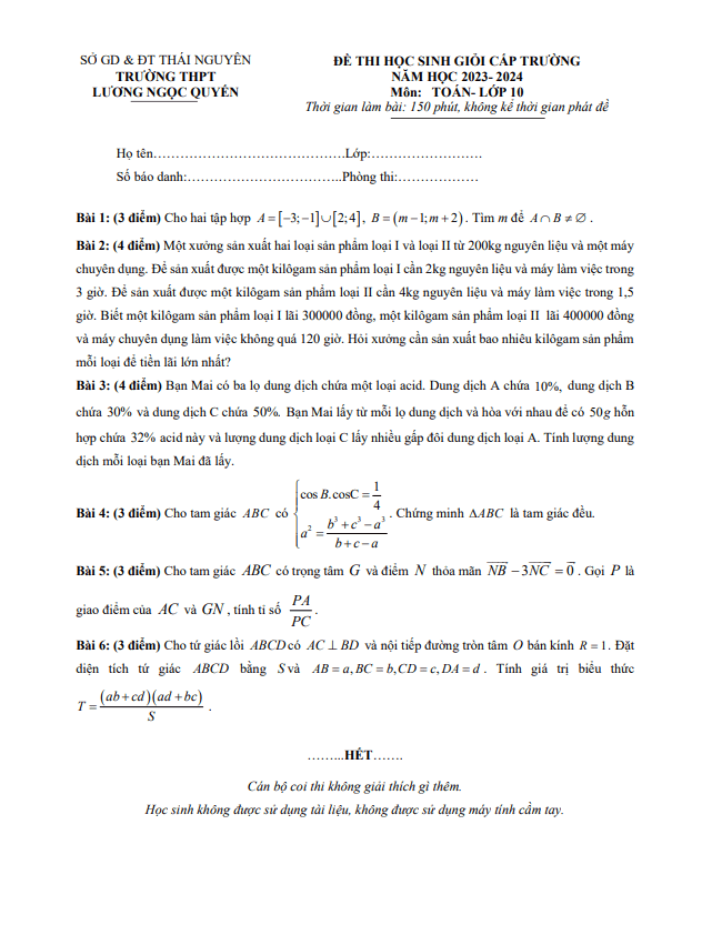 Đề học sinh giỏi Toán 10 năm 2023 – 2024 trường THPT Lương Ngọc Quyến – Thái Nguyên