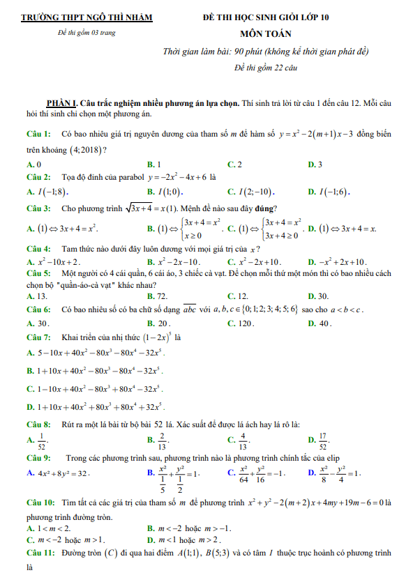 Đề học sinh giỏi Toán 10 năm 2023 – 2024 trường THPT Ngô Thì Nhậm – Ninh Bình