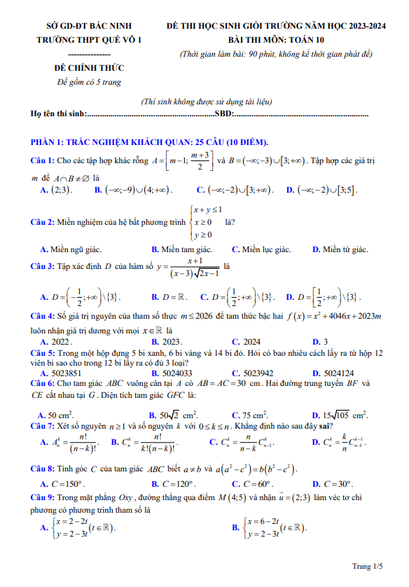 Đề học sinh giỏi Toán 10 năm 2023 – 2024 trường THPT Quế Võ 1 – Bắc Ninh