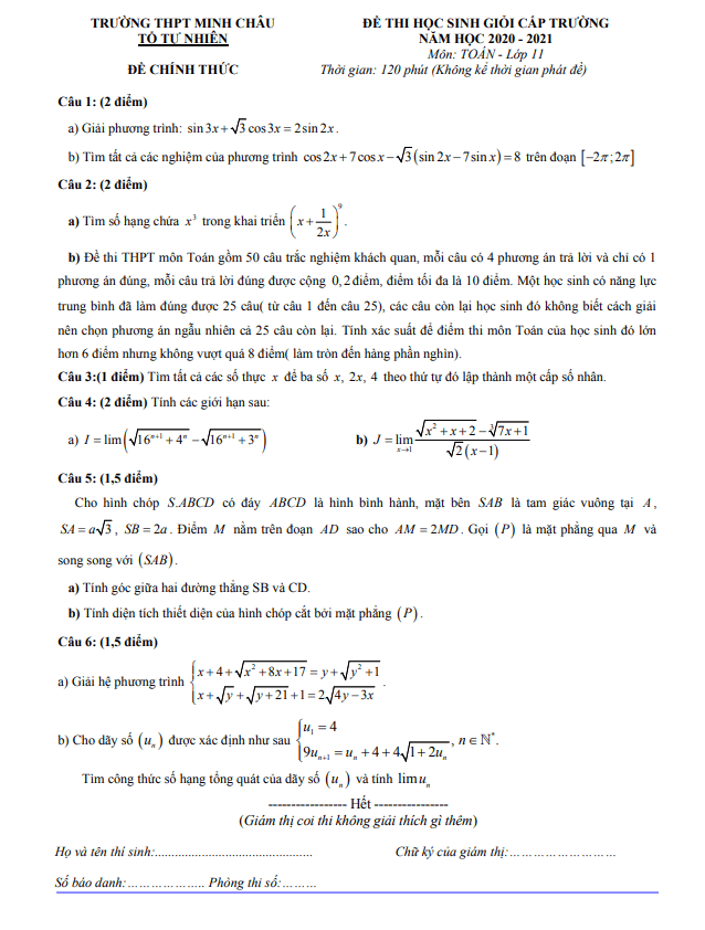 Đề học sinh giỏi Toán 11 năm 2020 – 2021 trường THPT Minh Châu – Hưng Yên