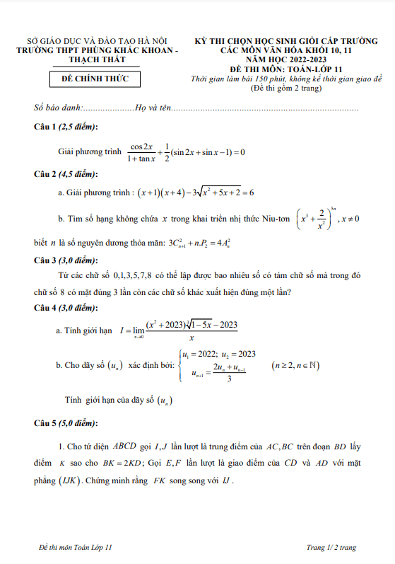 Đề học sinh giỏi Toán 11 năm 2022 – 2023 trường THPT Phùng Khắc Khoan – Hà Nội