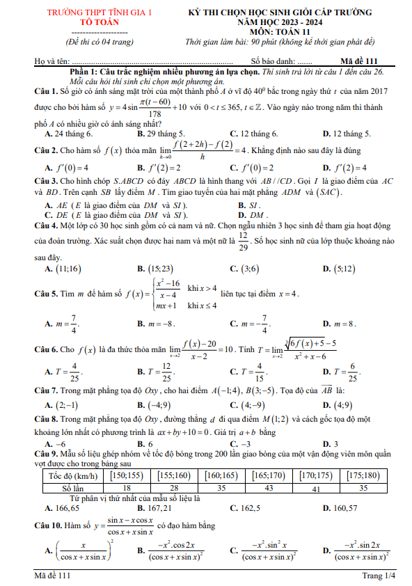 Đề học sinh giỏi Toán 11 năm 2023 – 2024 trường THPT Tĩnh Gia 1 – Thanh Hóa