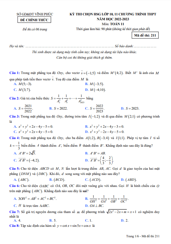 Đề học sinh giỏi Toán 11 THPT năm 2022 – 2023 sở GD&ĐT Vĩnh Phúc