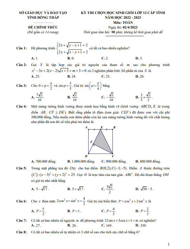 Đề học sinh giỏi Toán 12 cấp tỉnh năm 2022 – 2023 sở GD&ĐT Đồng Tháp