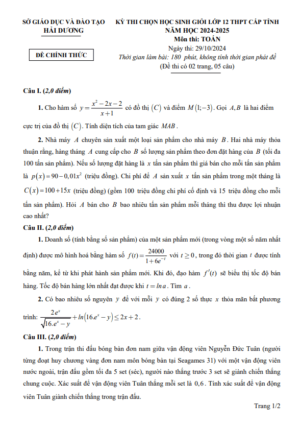 Đề học sinh giỏi Toán 12 THPT cấp tỉnh năm 2024 – 2025 sở GD&ĐT Hải Dương