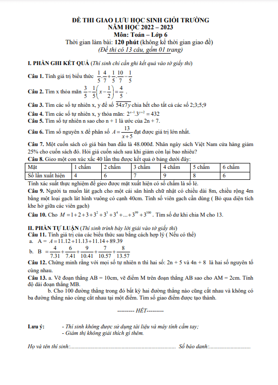 Đề học sinh giỏi Toán 6 năm 2022 – 2023 phòng GD&ĐT Can Lộc – Hà Tĩnh