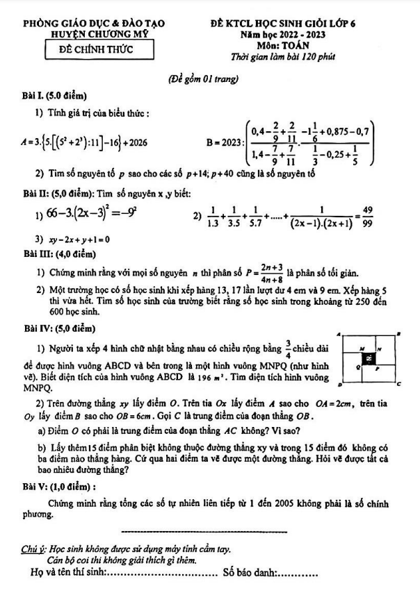 Đề học sinh giỏi Toán 6 năm 2022 – 2023 phòng GD&ĐT Chương Mỹ – Hà Nội