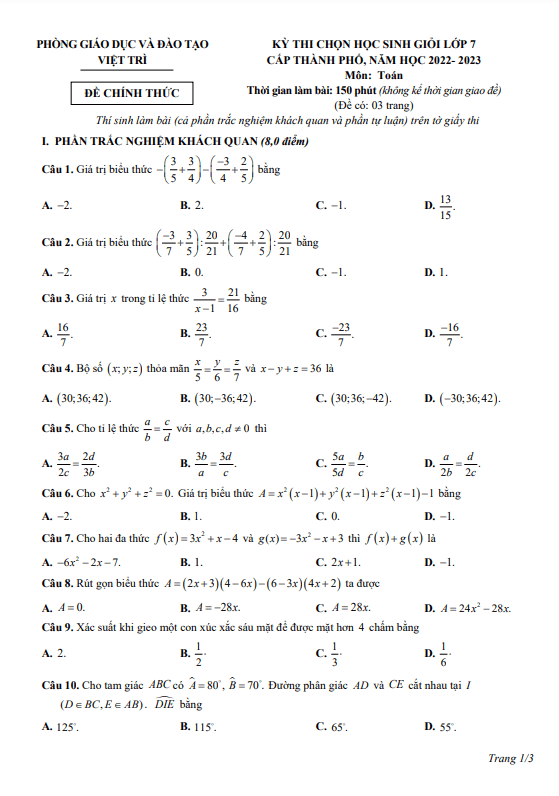 Đề học sinh giỏi Toán 7 năm 2022 – 2023 phòng GD&ĐT Việt Trì – Phú Thọ