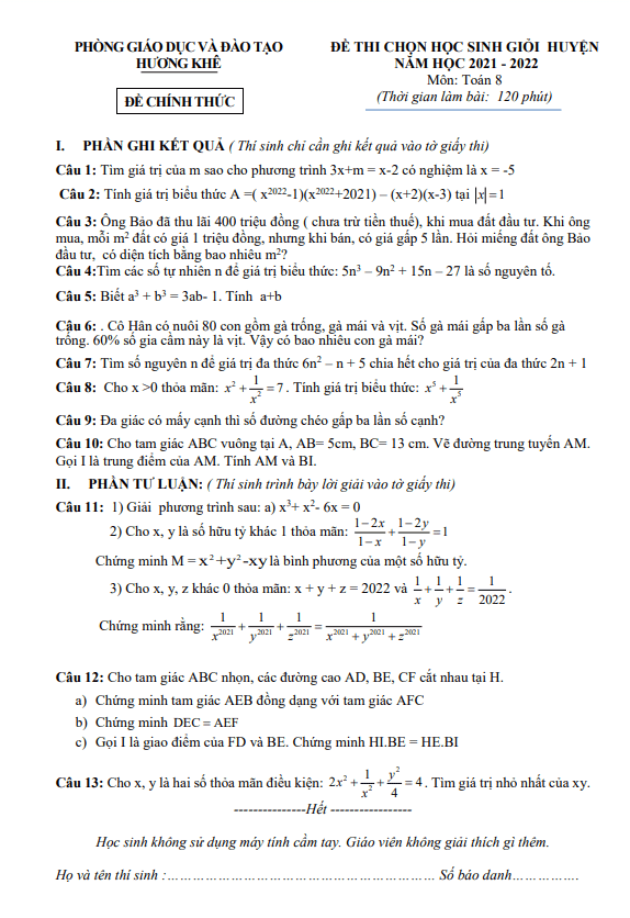 Đề học sinh giỏi Toán 8 năm 2021 – 2022 phòng GD&ĐT Hương Khê – Hà Tĩnh