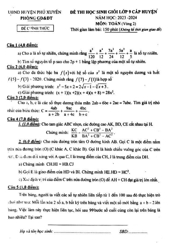 Đề học sinh giỏi Toán 9 năm 2023 – 2024 phòng GD&ĐT Phú Xuyên – Hà Nội (Vòng 2)