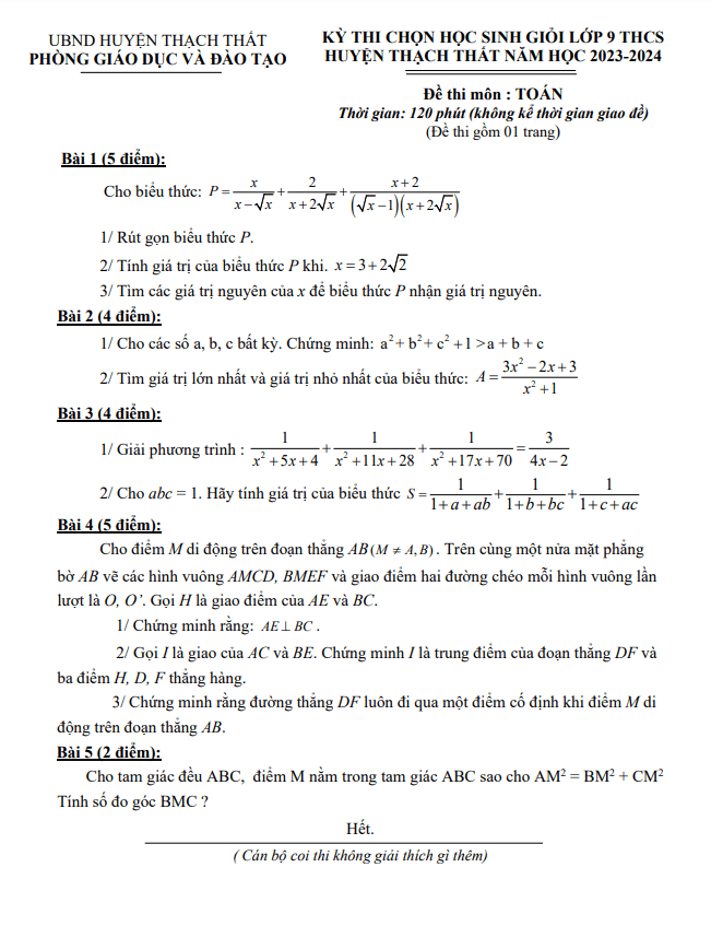 Đề học sinh giỏi Toán 9 năm 2023 – 2024 phòng GD&ĐT Thạch Thất – Hà Nội