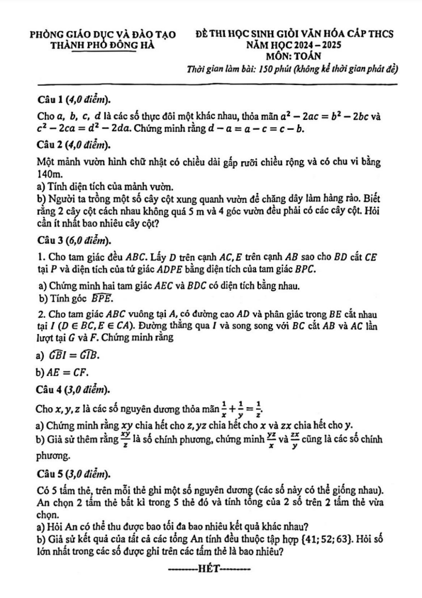 Đề học sinh giỏi Toán THCS năm 2024 – 2025 phòng GD&ĐT Đông Hà – Quảng Trị