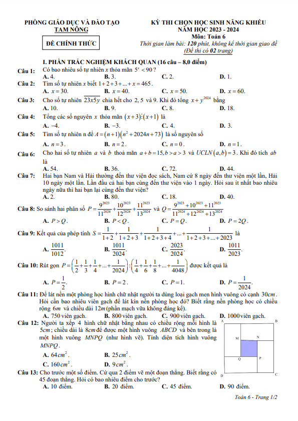 Đề học sinh năng khiếu Toán 6 năm 2023 – 2024 phòng GD&ĐT Tam Nông – Phú Thọ