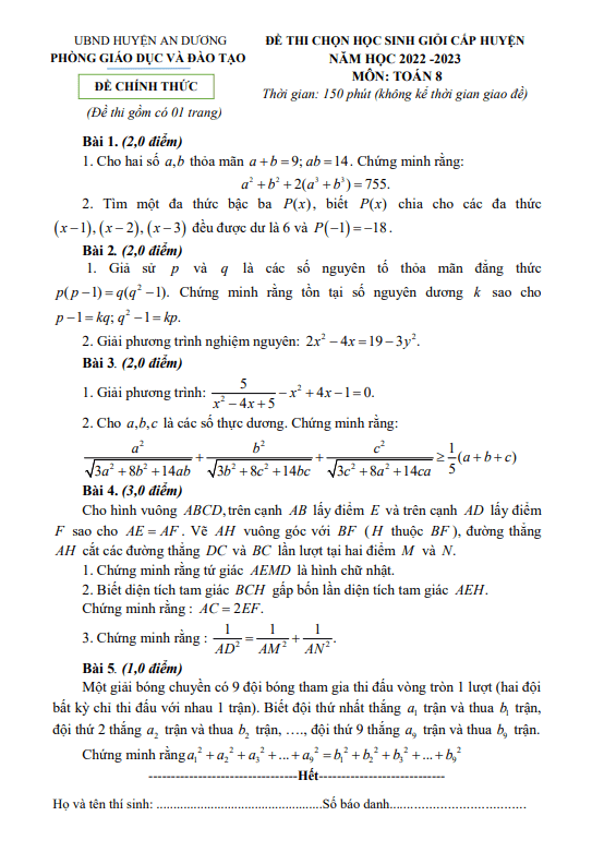 Đề HSG cấp huyện Toán 8 năm 2022 – 2023 phòng GD&ĐT An Dương – Hải Phòng