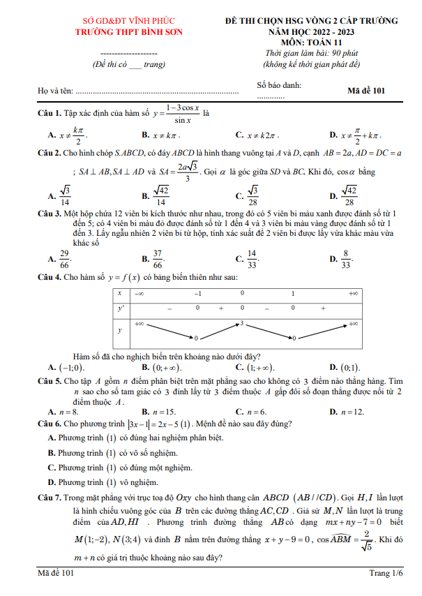 Đề HSG cấp trường Toán 11 vòng 2 năm 2022 – 2023 trường THPT Bình Sơn – Vĩnh Phúc