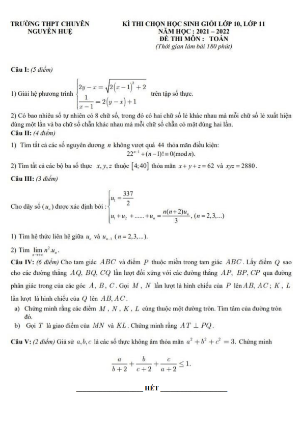 Đề HSG lớp 10 & 11 môn Toán năm 2021 – 2022 trường chuyên Nguyễn Huệ – Hà Nội
