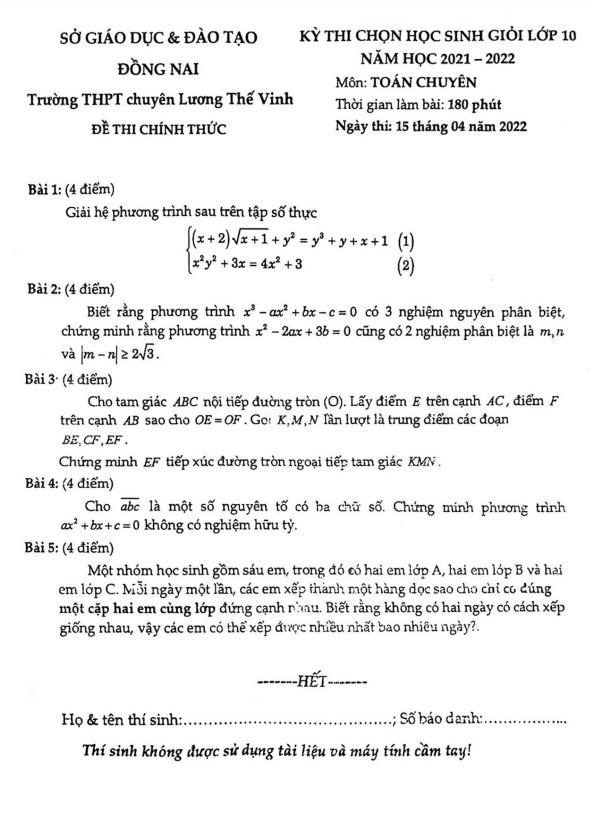 Đề HSG Toán 10 năm 2021 – 2022 trường chuyên Lương Thế Vinh – Đồng Nai