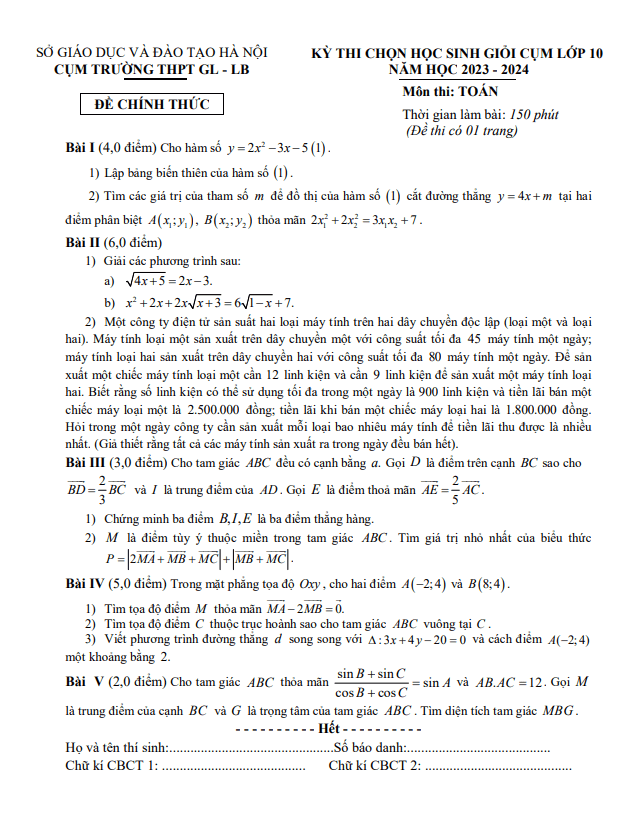 Đề HSG Toán 10 năm 2023 – 2024 cụm trường THPT Gia Lâm & Long Biên – Hà Nội