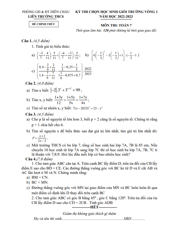 Đề HSG Toán 7 vòng 1 năm 2022 – 2023 liên trường THCS huyện Diễn Châu – Nghệ An