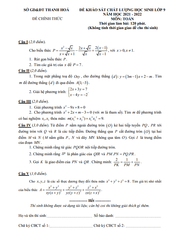 Đề khảo sát chất lượng Toán 9 năm 2021 – 2022 sở GD&ĐT Thanh Hóa