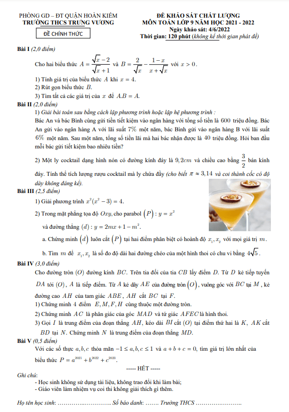 Đề khảo sát chất lượng Toán 9 năm 2021 – 2022 trường THCS Trưng Vương – Hà Nội