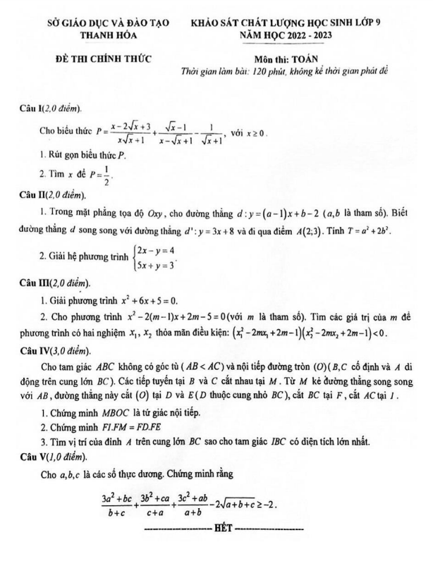 Đề khảo sát chất lượng Toán 9 năm 2022 – 2023 sở GD&ĐT Thanh Hóa