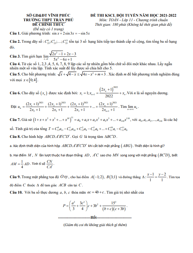 Đề khảo sát đội tuyển Toán 11 lần 2 năm 2021 – 2022 trường THPT Trần Phú – Vĩnh Phúc