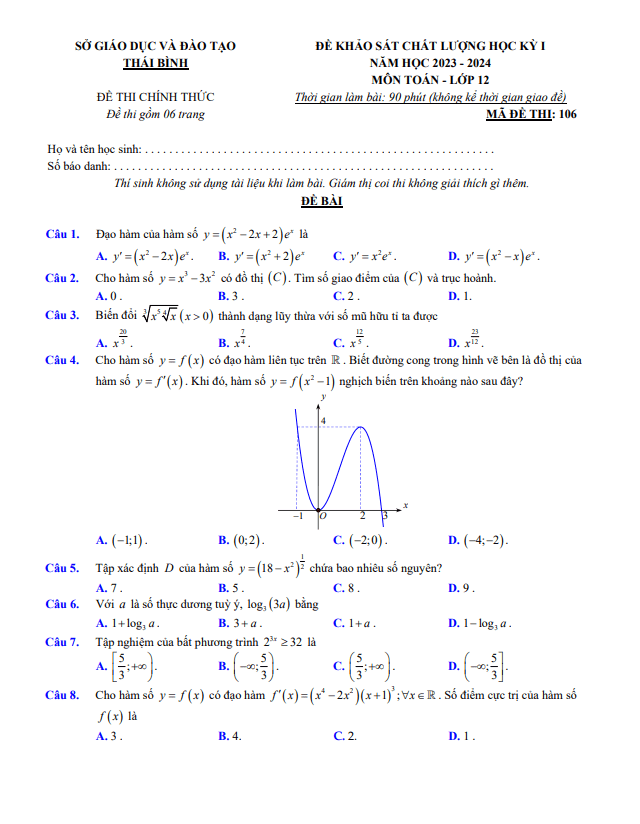 Đề khảo sát học kỳ 1 Toán 12 năm 2023 – 2024 sở GD&ĐT Thái Bình